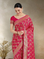 Thumbnail for Monjolika Fashion Effervescent Bright Pink Soft Banarasi Satin Silk Saree With Elision Blouse Piece