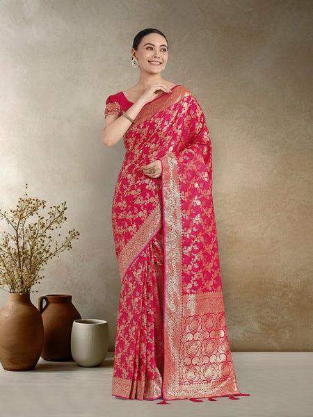 Monjolika Fashion Effervescent Bright Pink Soft Banarasi Satin Silk Saree With Elision Blouse Piece
