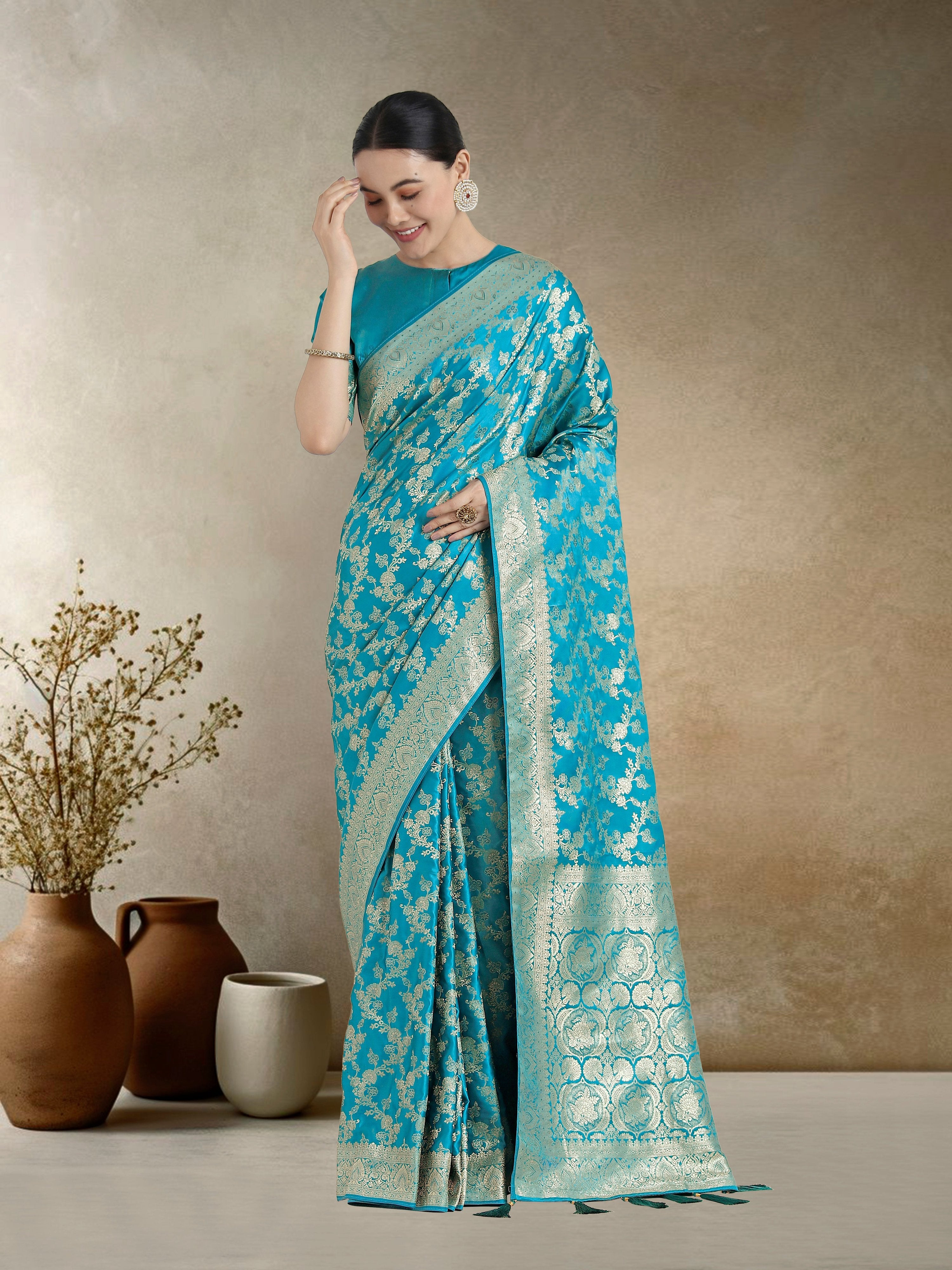 Monjolika Fashion Effervescent Aqua blue Soft Banarasi Satin Silk Saree With Elision Blouse Piece
