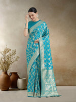 Thumbnail for Monjolika Fashion Effervescent Aqua blue Soft Banarasi Satin Silk Saree With Elision Blouse Piece
