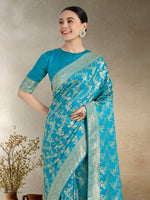 Thumbnail for Monjolika Fashion Effervescent Aqua blue Soft Banarasi Satin Silk Saree With Elision Blouse Piece