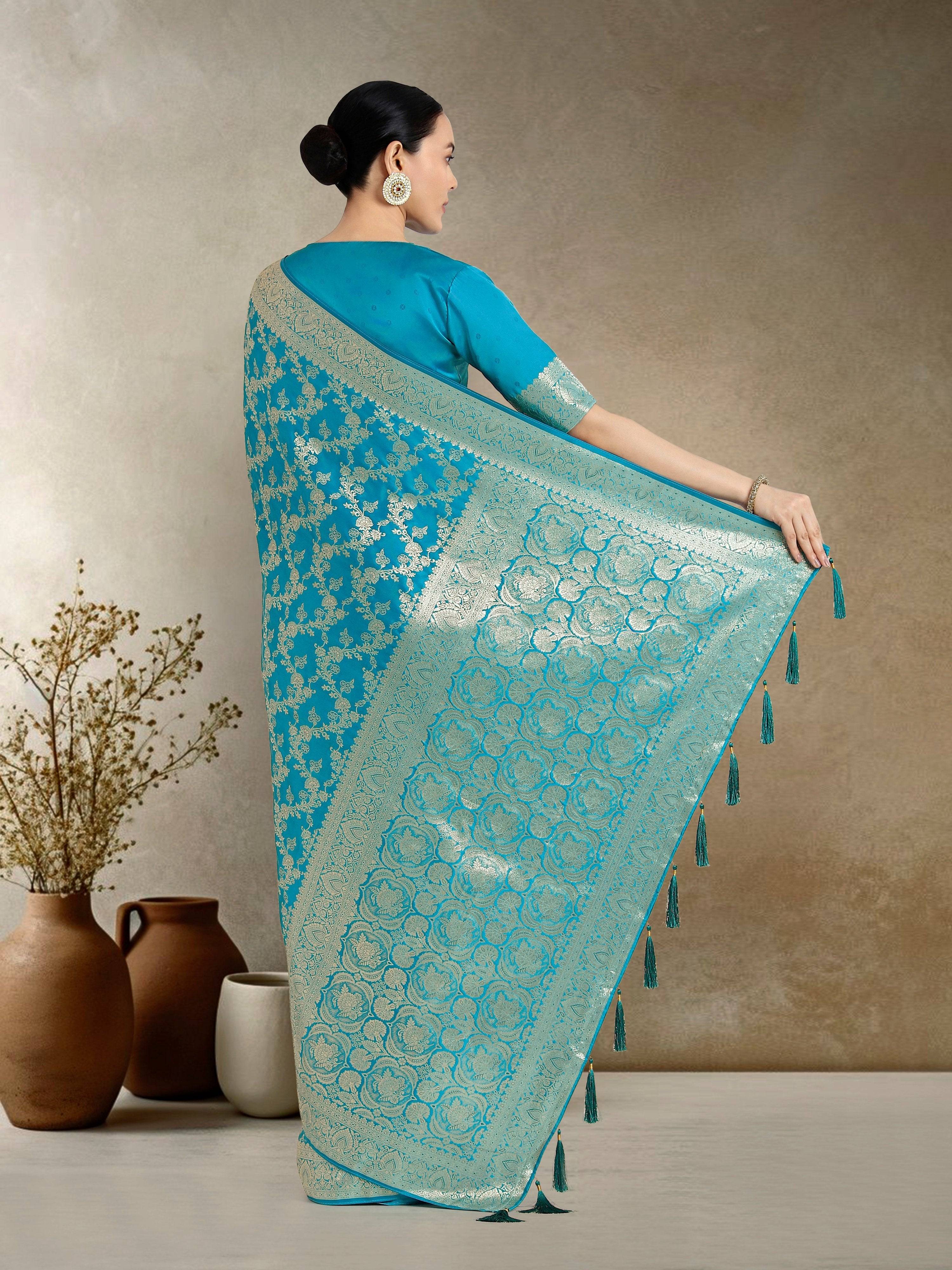 Monjolika Fashion Effervescent Aqua blue Soft Banarasi Satin Silk Saree With Elision Blouse Piece