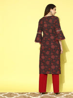 Thumbnail for All About You Navy Blue Floral Printed Bell Sleeves Gotta Patti Pure Cotton Kurta - Distacart