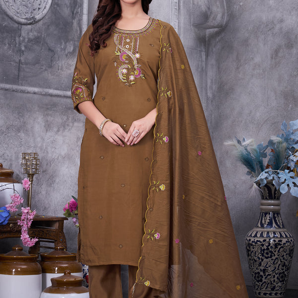 Lorenvalley Fashion Brown Roman Silk Multi Embroidery Thread With Hand Work Kurta Pant Dupatta - Distacart