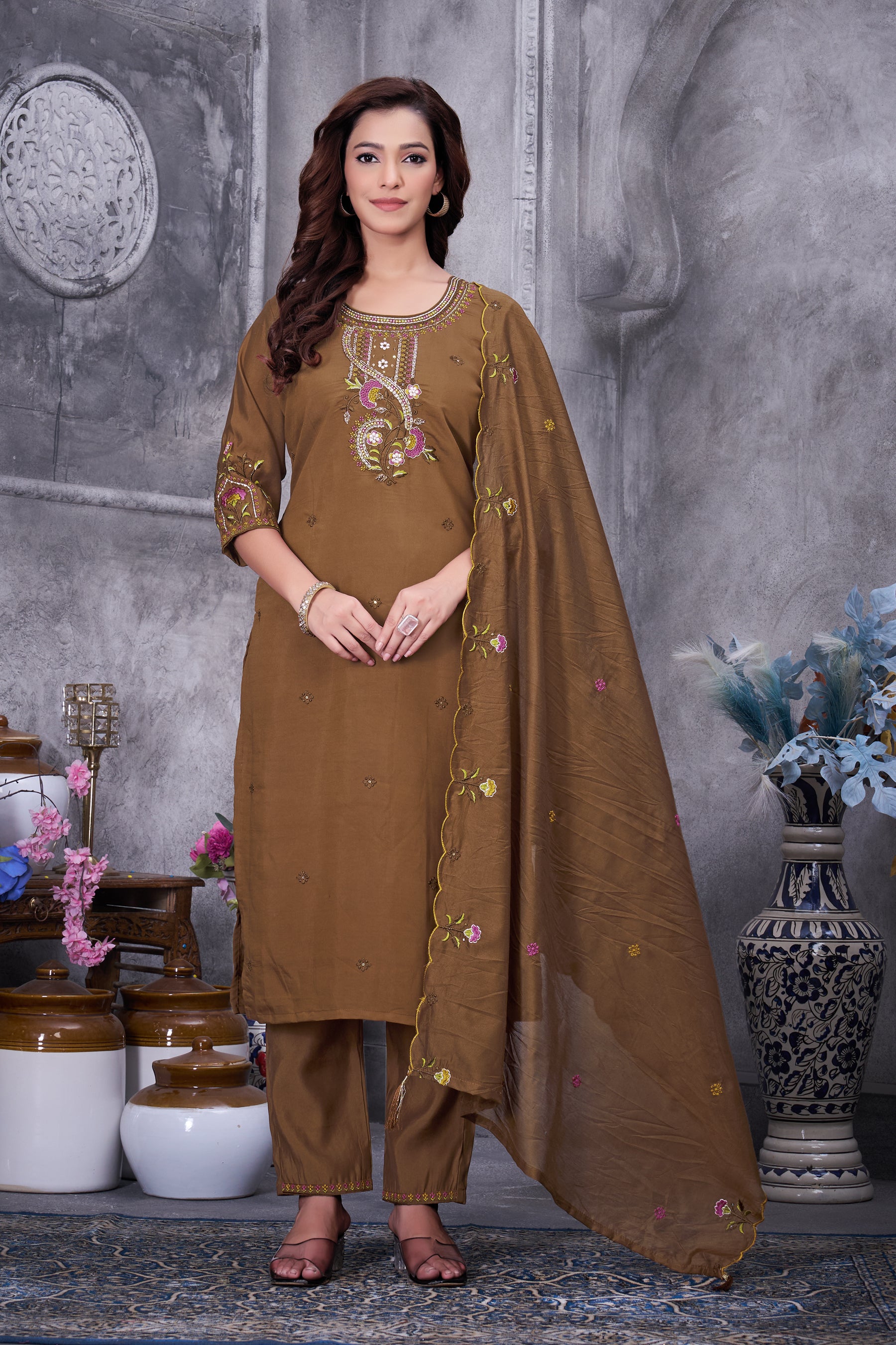 Lorenvalley Fashion Brown Roman Silk Multi Embroidery Thread With Hand Work Kurta Pant Dupatta - Distacart