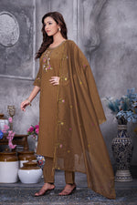 Thumbnail for Lorenvalley Fashion Brown Roman Silk Multi Embroidery Thread With Hand Work Kurta Pant Dupatta - Distacart