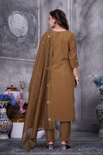 Thumbnail for Lorenvalley Fashion Brown Roman Silk Multi Embroidery Thread With Hand Work Kurta Pant Dupatta - Distacart