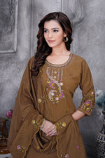 Thumbnail for Lorenvalley Fashion Brown Roman Silk Multi Embroidery Thread With Hand Work Kurta Pant Dupatta - Distacart