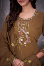 Thumbnail for Lorenvalley Fashion Brown Roman Silk Multi Embroidery Thread With Hand Work Kurta Pant Dupatta - Distacart