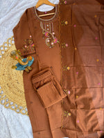 Thumbnail for Lorenvalley Fashion Brown Roman Silk Multi Embroidery Thread With Hand Work Kurta Pant Dupatta - Distacart