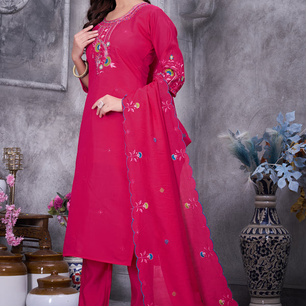 Lorenvalley Fashion Ranipink Roman Silk Multi Embroidery Thread With Hand Work Kurta Pant Dupatta - Distacart