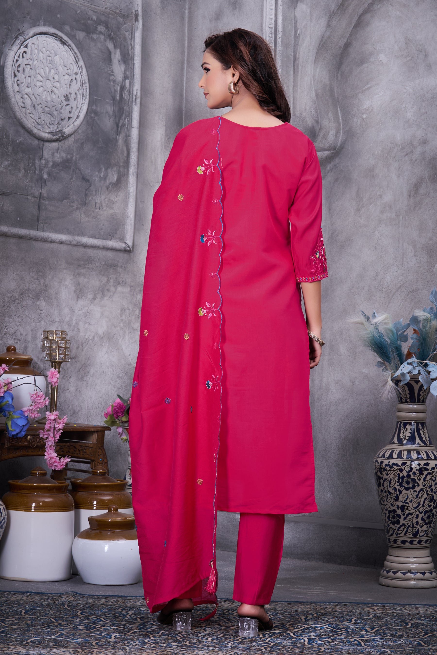 Lorenvalley Fashion Ranipink Roman Silk Multi Embroidery Thread With Hand Work Kurta Pant Dupatta - Distacart