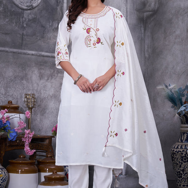 Lorenvalley Fashion White Roman Silk Multi Embroidery Thread With Hand Work Kurta Pant Dupatta - Distacart