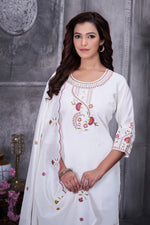 Thumbnail for Lorenvalley Fashion White Roman Silk Multi Embroidery Thread With Hand Work Kurta Pant Dupatta - Distacart