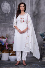Thumbnail for Lorenvalley Fashion White Roman Silk Multi Embroidery Thread With Hand Work Kurta Pant Dupatta - Distacart