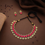 Thumbnail for Tehzeeb Creations Pink Colour Gold-Polished Stone Jewellery Choker Necklace Set With Matching Pair of Stud Earrings - Distacart
