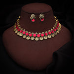 Thumbnail for Tehzeeb Creations Pink Colour Gold-Polished Stone Jewellery Choker Necklace Set With Matching Pair of Stud Earrings - Distacart