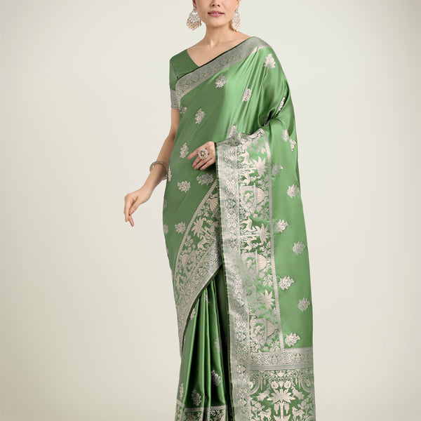 Monjolika Fashion Light Green Zari Weaving Work Banarasi Satin Silk Traditional Saree - Distacart