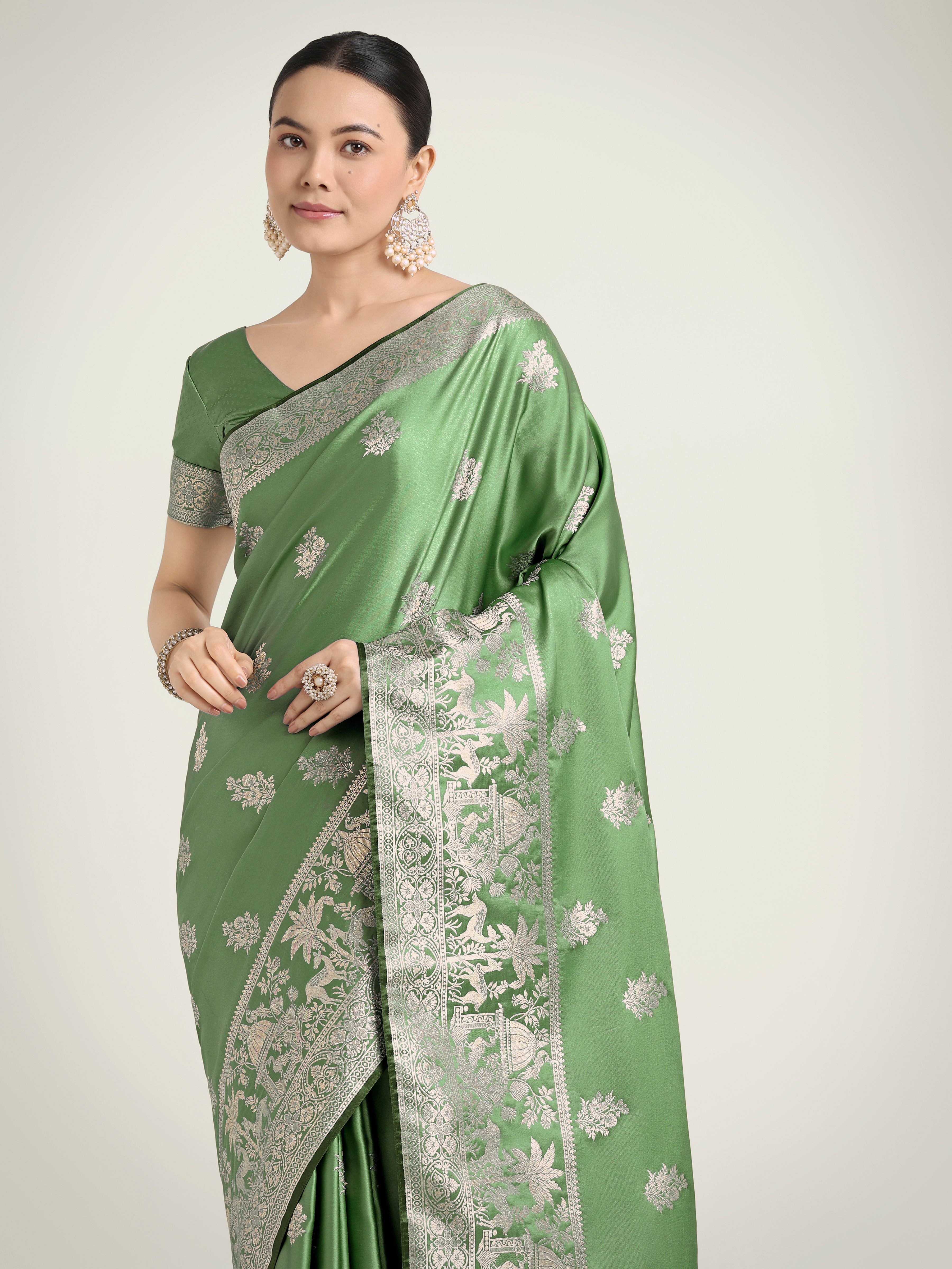 Monjolika Fashion Light Green Zari Weaving Work Banarasi Satin Silk Traditional Saree