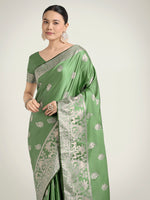 Thumbnail for Monjolika Fashion Light Green Zari Weaving Work Banarasi Satin Silk Traditional Saree