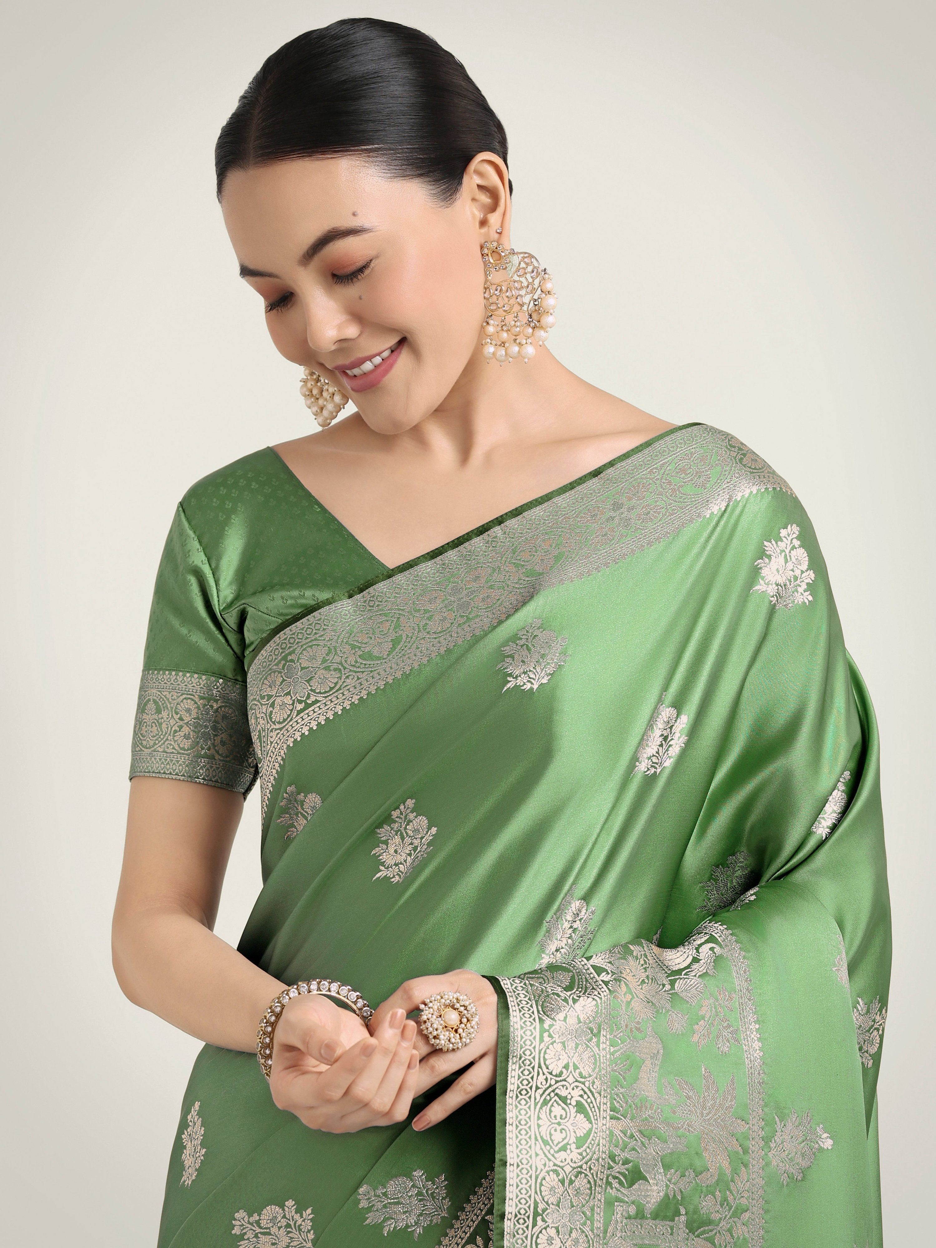 Monjolika Fashion Light Green Zari Weaving Work Banarasi Satin Silk Traditional Saree