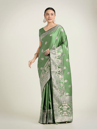 Monjolika Fashion Light Green Zari Weaving Work Banarasi Satin Silk Traditional Saree