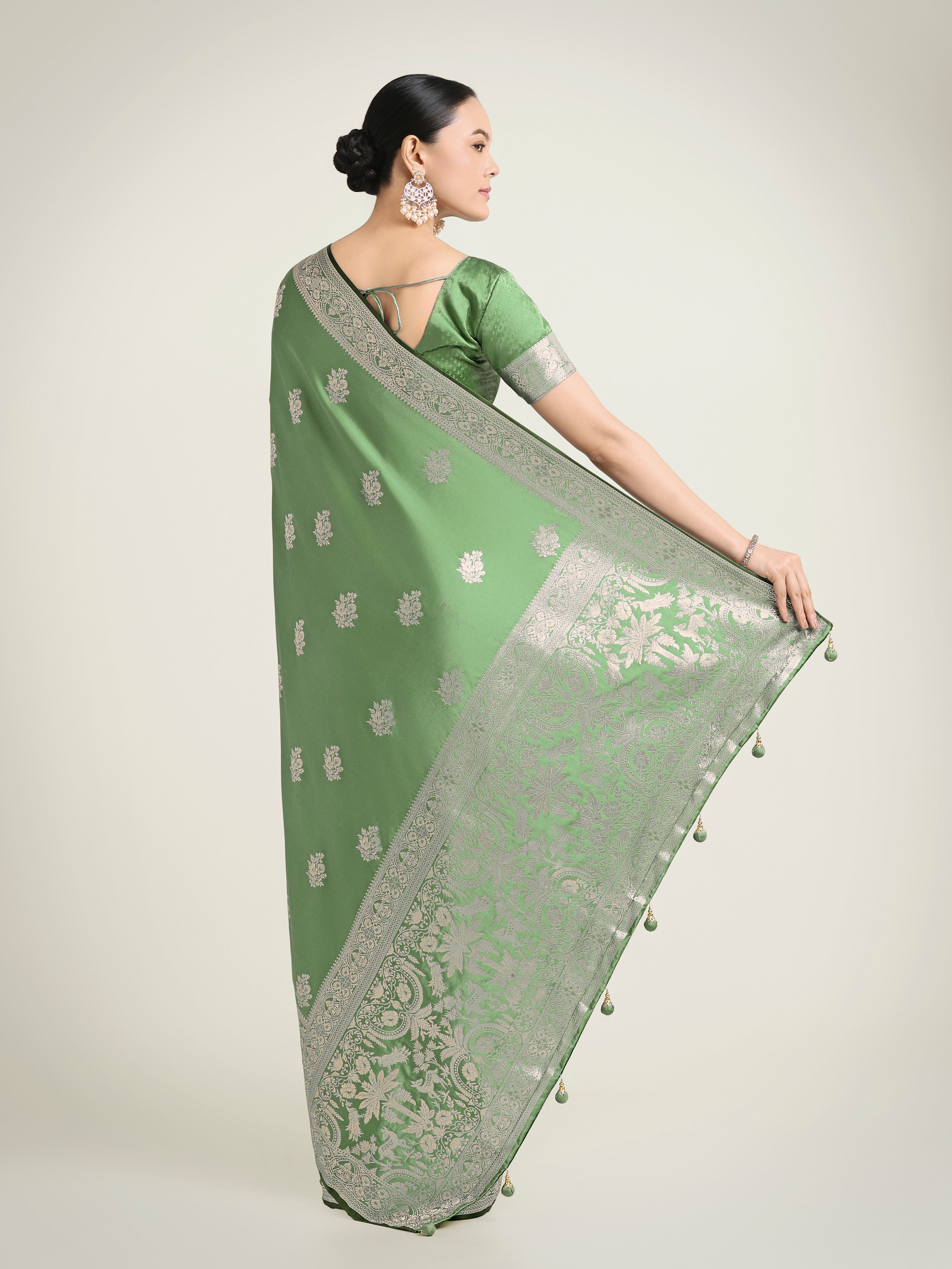 Monjolika Fashion Light Green Zari Weaving Work Banarasi Satin Silk Traditional Saree