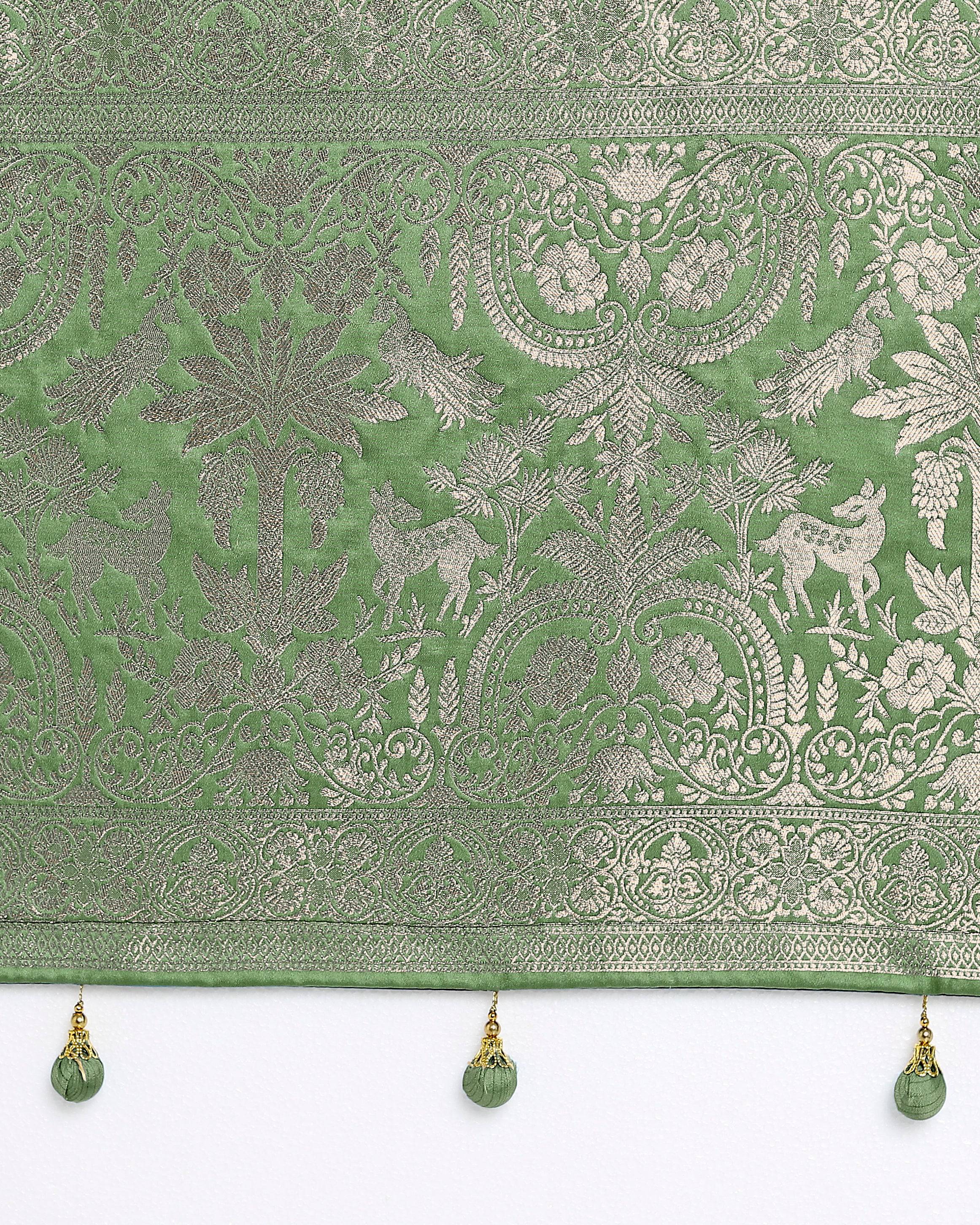 Monjolika Fashion Light Green Zari Weaving Work Banarasi Satin Silk Traditional Saree
