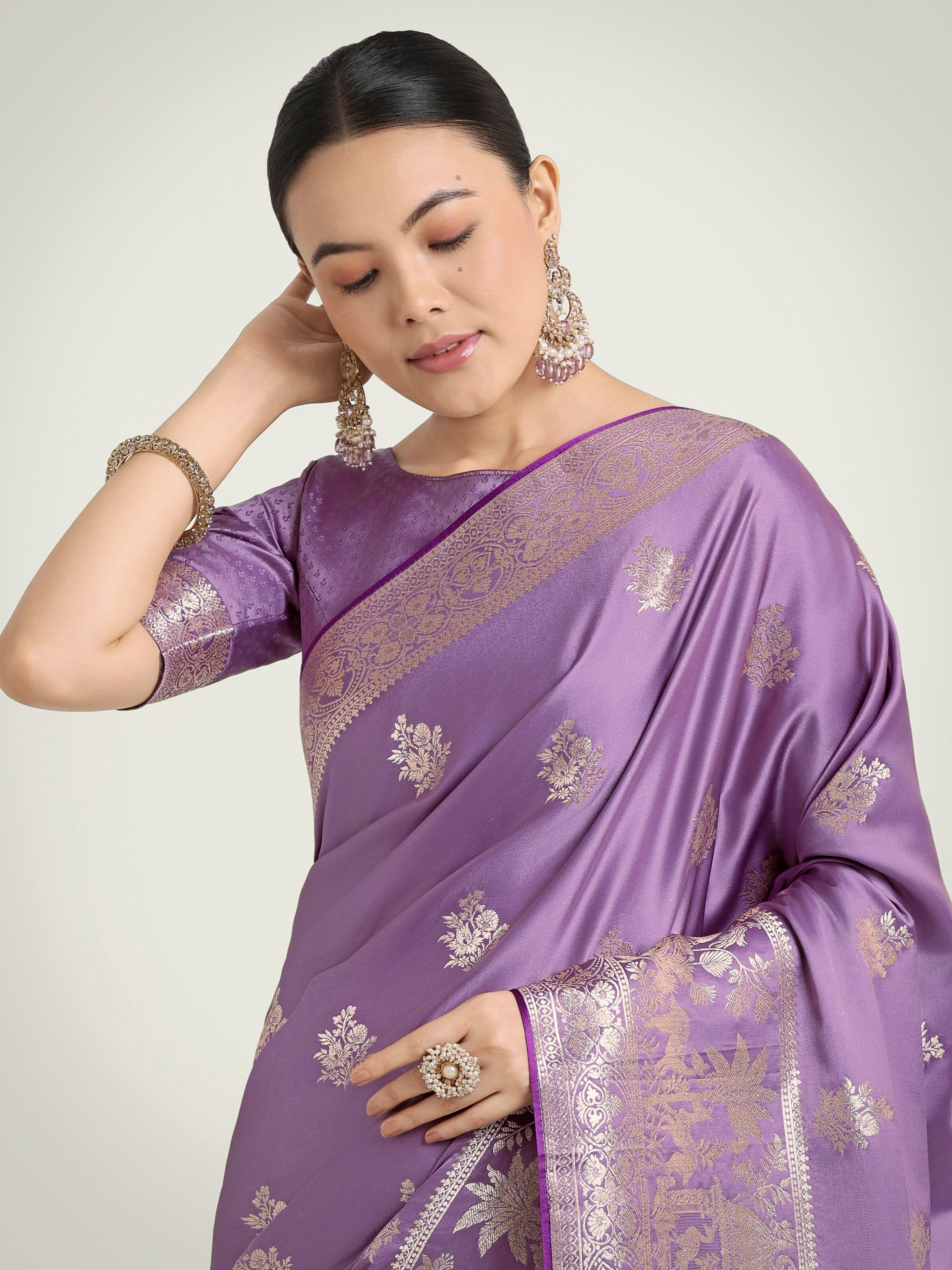 Monjolika Fashion Lavender Zari Weaving Work Banarasi Satin Silk Traditional Saree