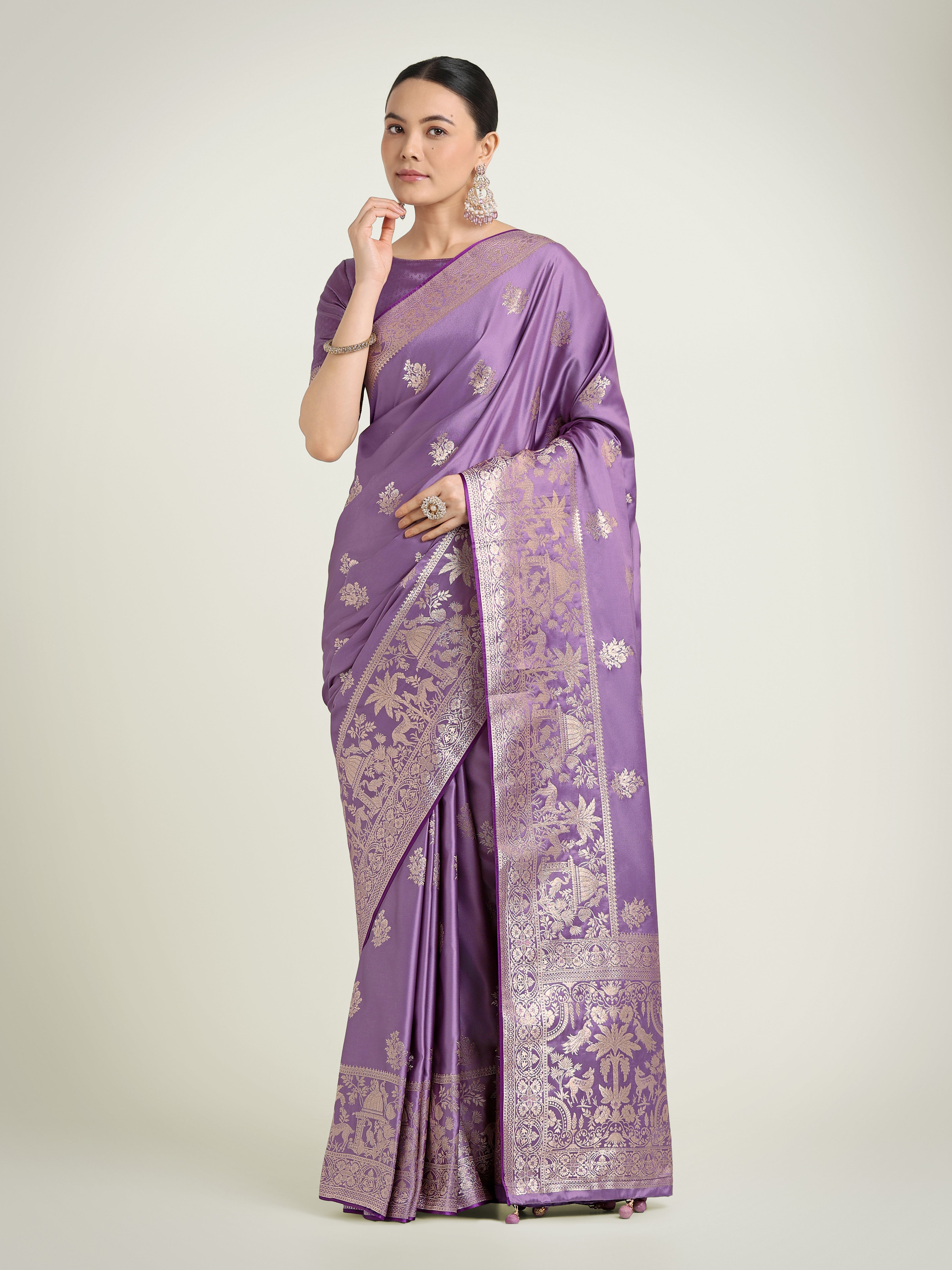 Monjolika Fashion Lavender Zari Weaving Work Banarasi Satin Silk Traditional Saree - Distacart
