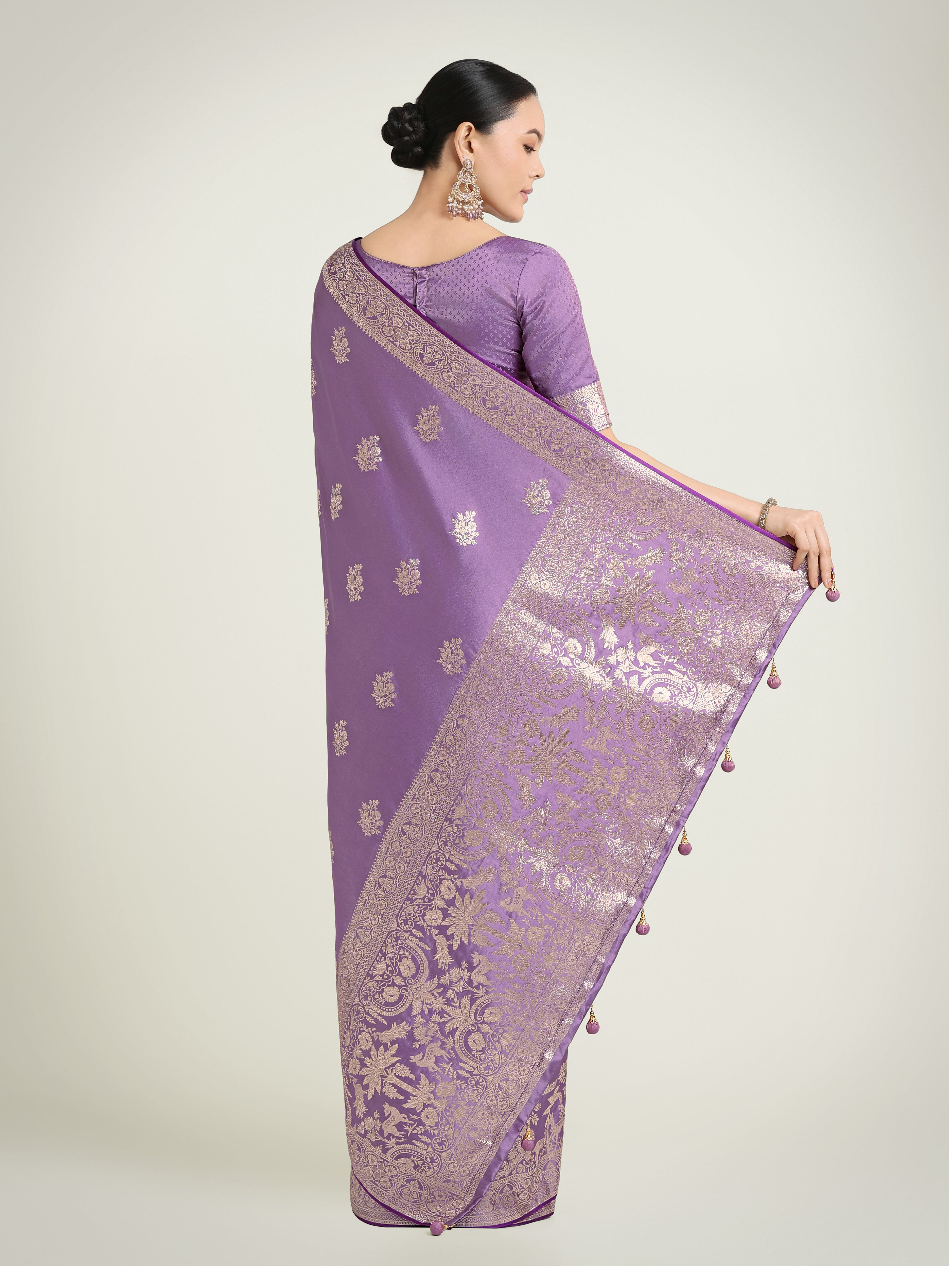 Monjolika Fashion Lavender Zari Weaving Work Banarasi Satin Silk Traditional Saree