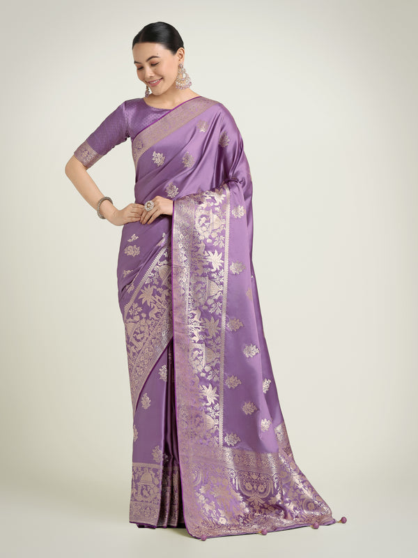 Monjolika Fashion Lavender Zari Weaving Work Banarasi Satin Silk Traditional Saree