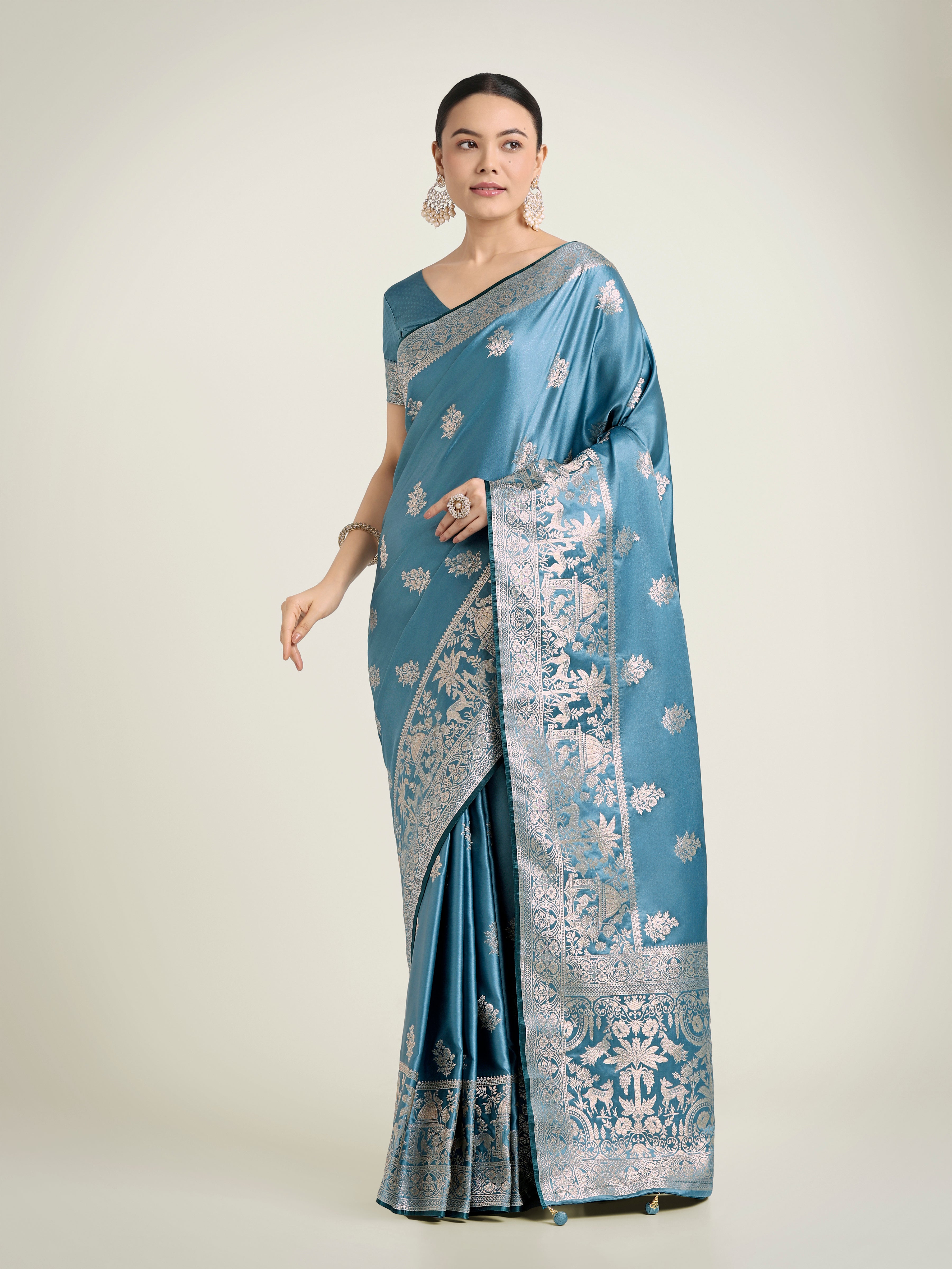 Monjolika Fashion Cyan blue Zari Weaving Work Banarasi Satin Silk Traditional Saree