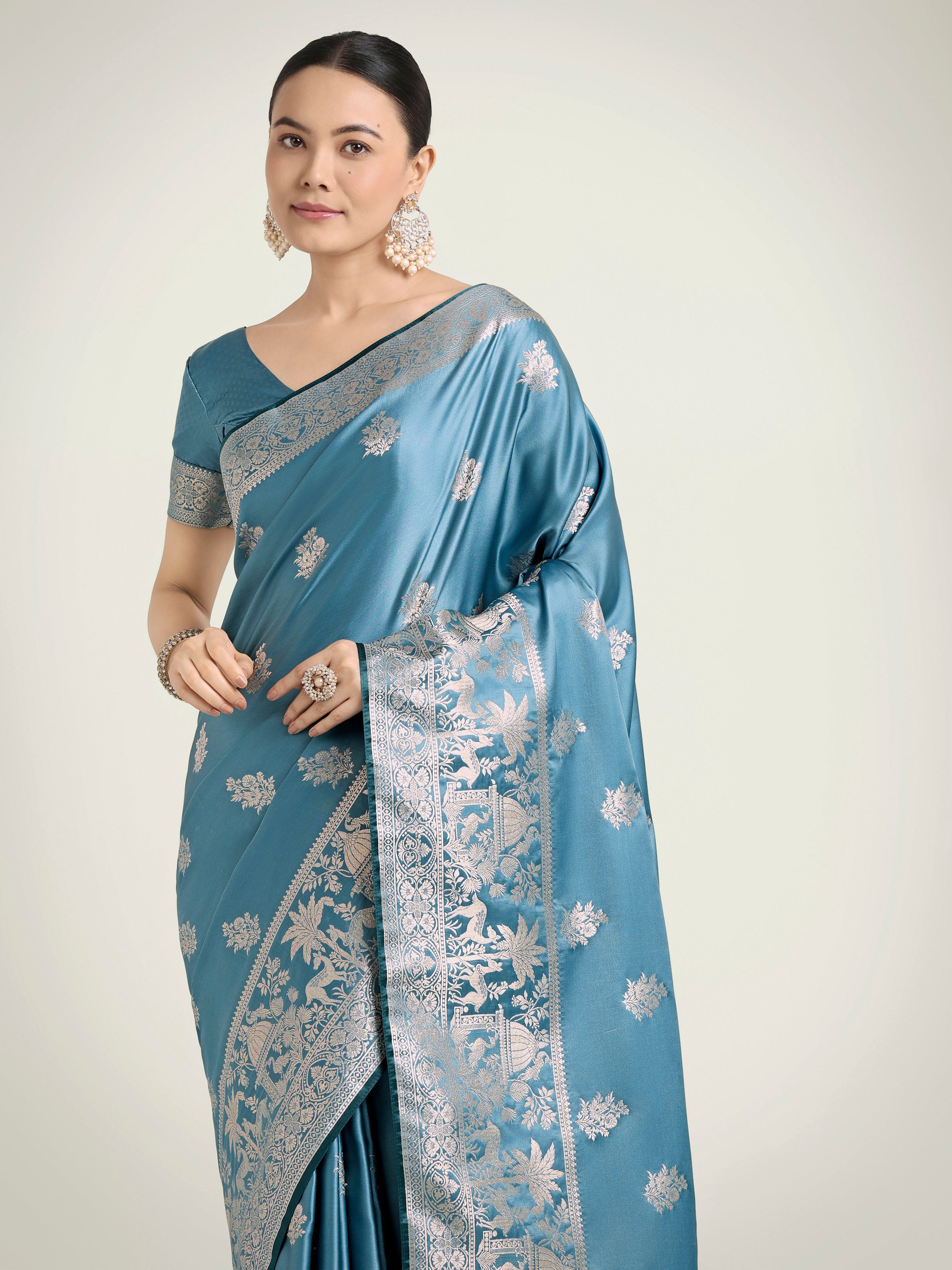 Monjolika Fashion Cyan blue Zari Weaving Work Banarasi Satin Silk Traditional Saree