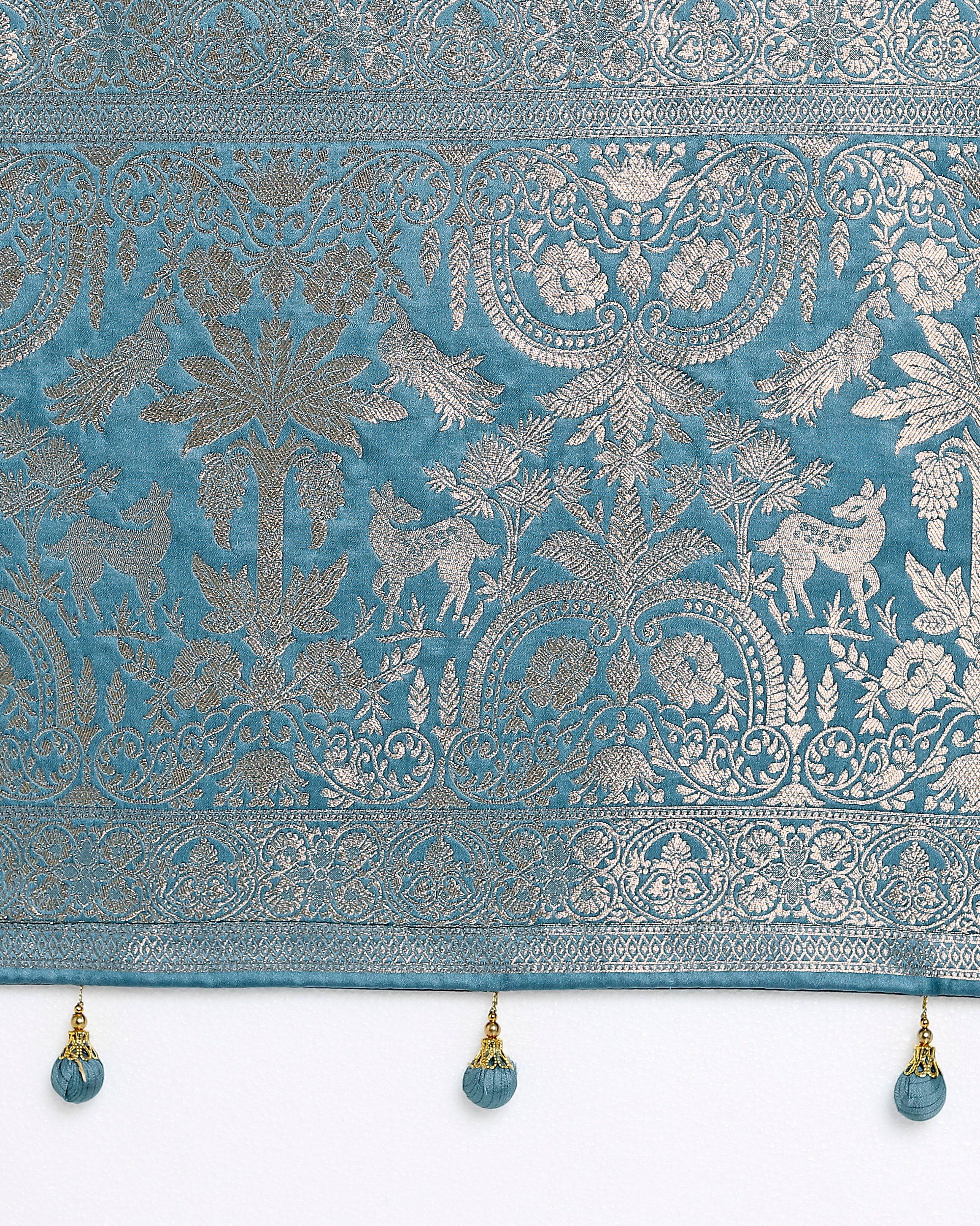 Monjolika Fashion Cyan blue Zari Weaving Work Banarasi Satin Silk Traditional Saree