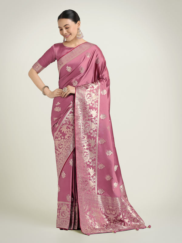 Monjolika Fashion Dusty Pink Zari Weaving Work Banarasi Satin Silk Traditional Saree