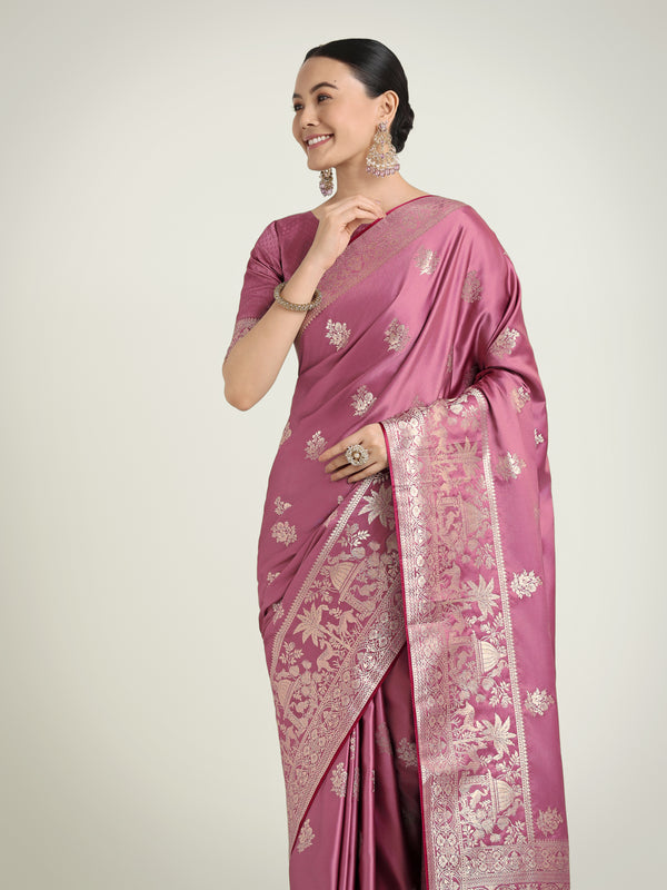 Monjolika Fashion Dusty Pink Zari Weaving Work Banarasi Satin Silk Traditional Saree