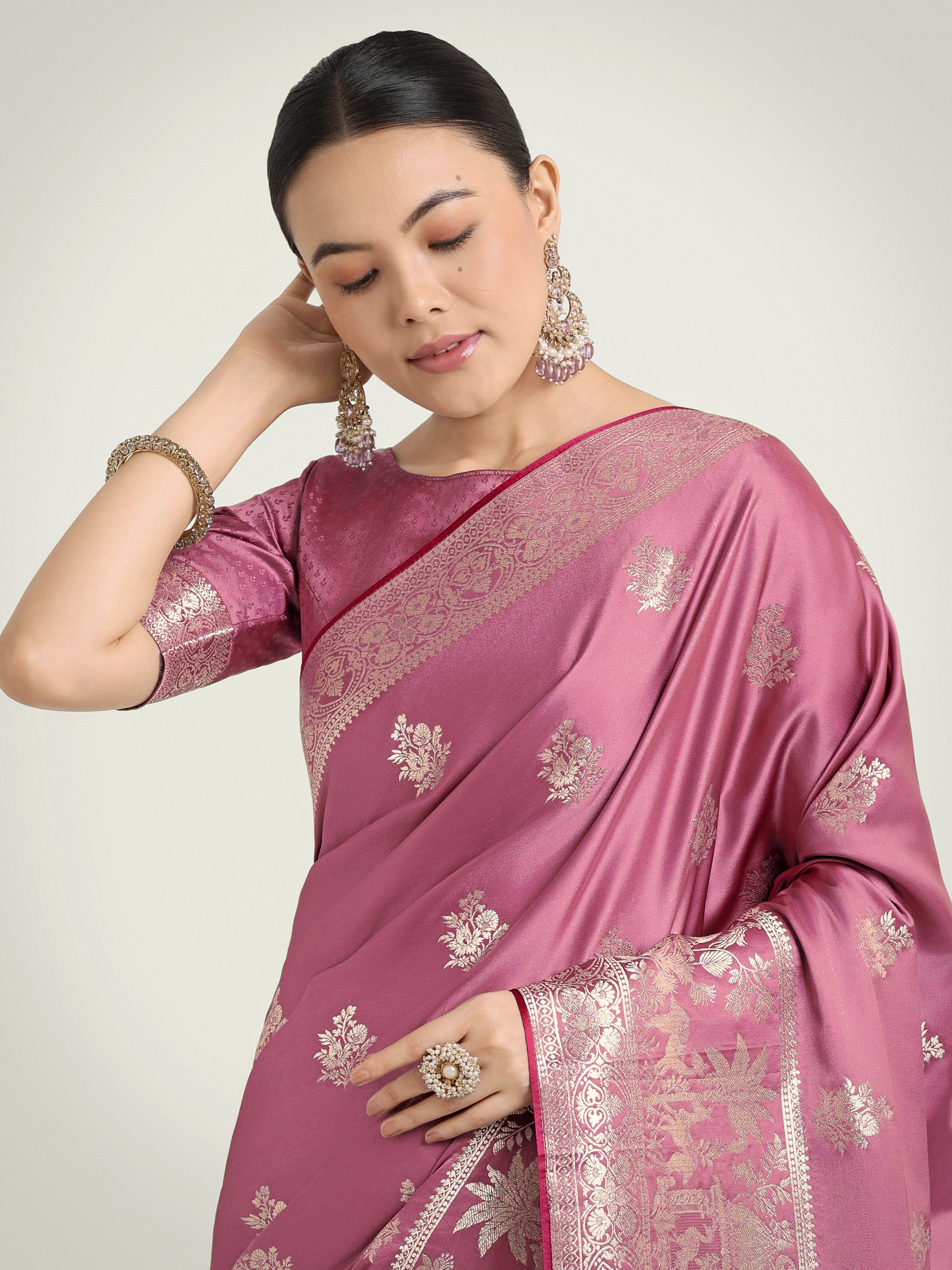 Monjolika Fashion Dusty Pink Zari Weaving Work Banarasi Satin Silk Traditional Saree
