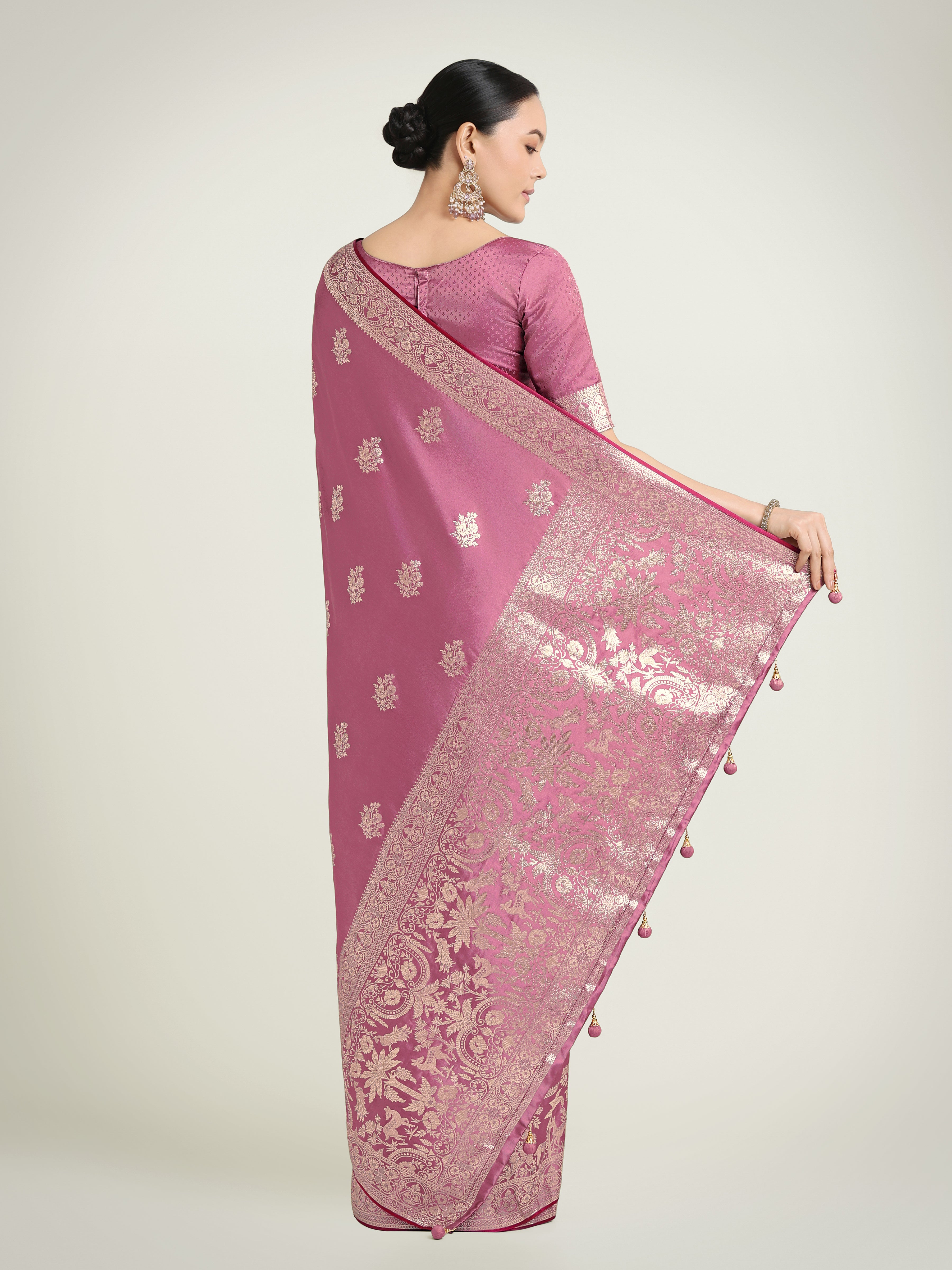 Monjolika Fashion Dusty Pink Zari Weaving Work Banarasi Satin Silk Traditional Saree