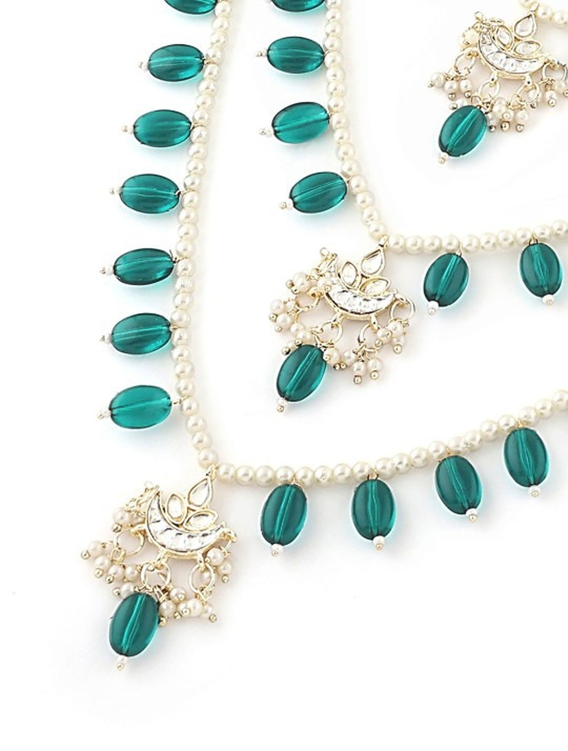 Jewel City Layered Pearl & Green Bead Necklace Set with Kundan Chandbali Pendants Traditional Indian Gold-Plated Ethnic Jewelry Set