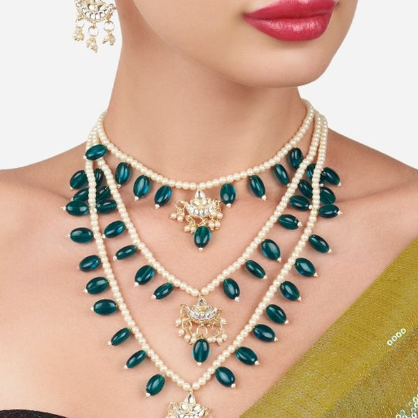 Jewel City Layered Pearl & Green Bead Necklace Set with Kundan Chandbali Pendants Traditional Indian Gold-Plated Ethnic Jewelry Set - Distacart