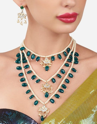 Jewel City Layered Pearl & Green Bead Necklace Set with Kundan Chandbali Pendants Traditional Indian Gold-Plated Ethnic Jewelry Set