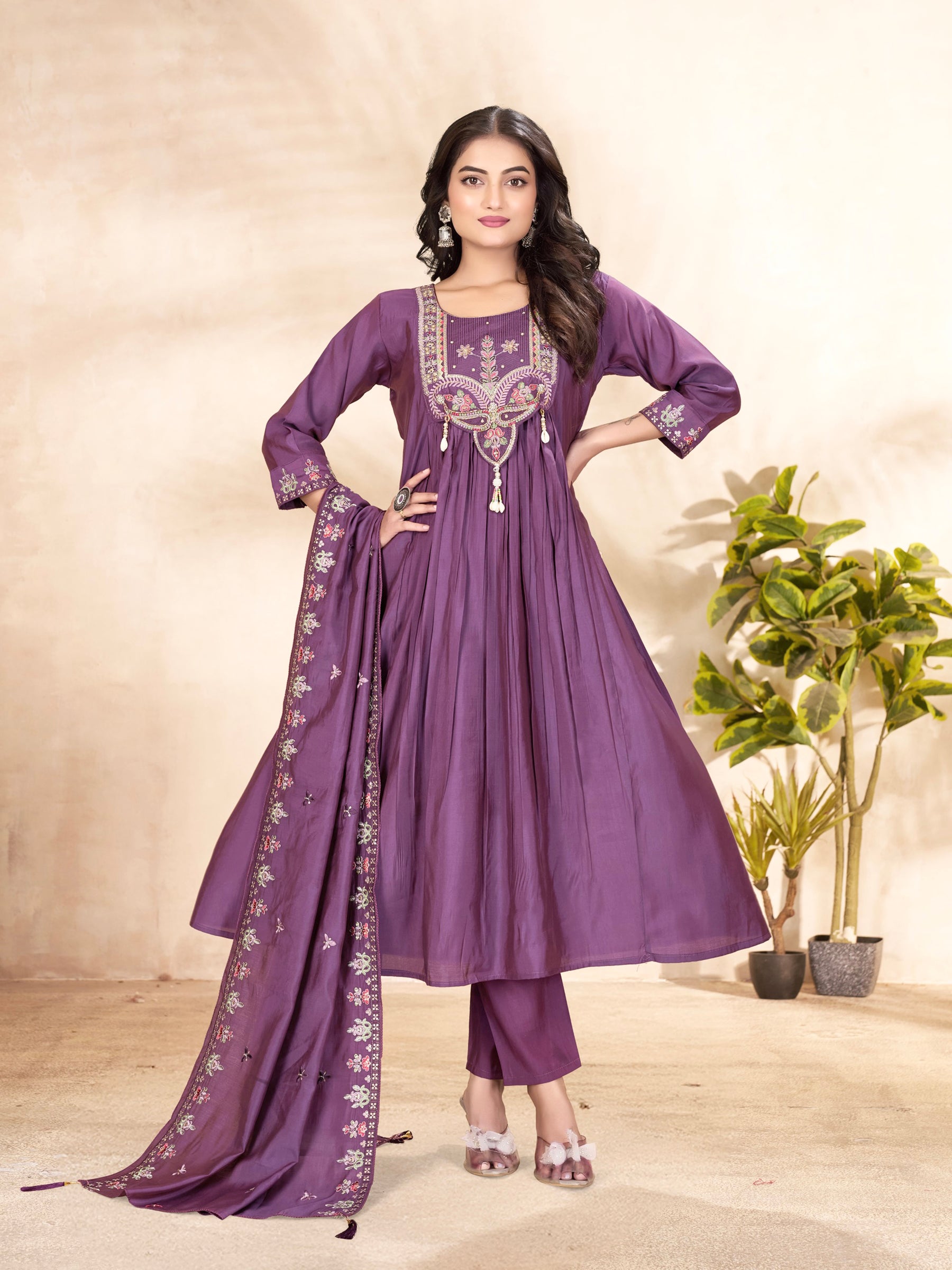 Lorenvalley Fashion Lavender Roman Silk Multi Sequence Embroidery Thread With Hand Work Anarkali Kurti Pant Dupatta - Distacart