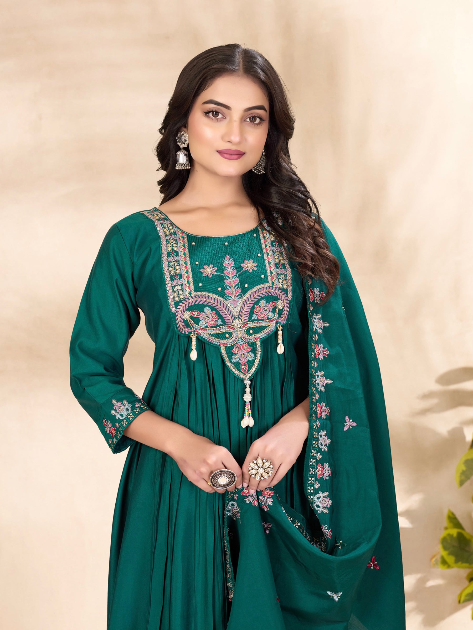 Lorenvalley Fashion Rama Roman Silk Multi Sequence Embroidery Thread With Hand Work Anarkali Kurti Pant Dupatta - Distacart