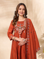 Thumbnail for Lorenvalley Fashion Rust Roman Silk Multi Sequence Embroidery Thread With Hand Work Anarkali Kurti Pant Dupatta - Distacart