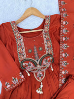 Thumbnail for Lorenvalley Fashion Rust Roman Silk Multi Sequence Embroidery Thread With Hand Work Anarkali Kurti Pant Dupatta - Distacart