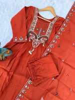 Thumbnail for Lorenvalley Fashion Rust Roman Silk Multi Sequence Embroidery Thread With Hand Work Anarkali Kurti Pant Dupatta - Distacart