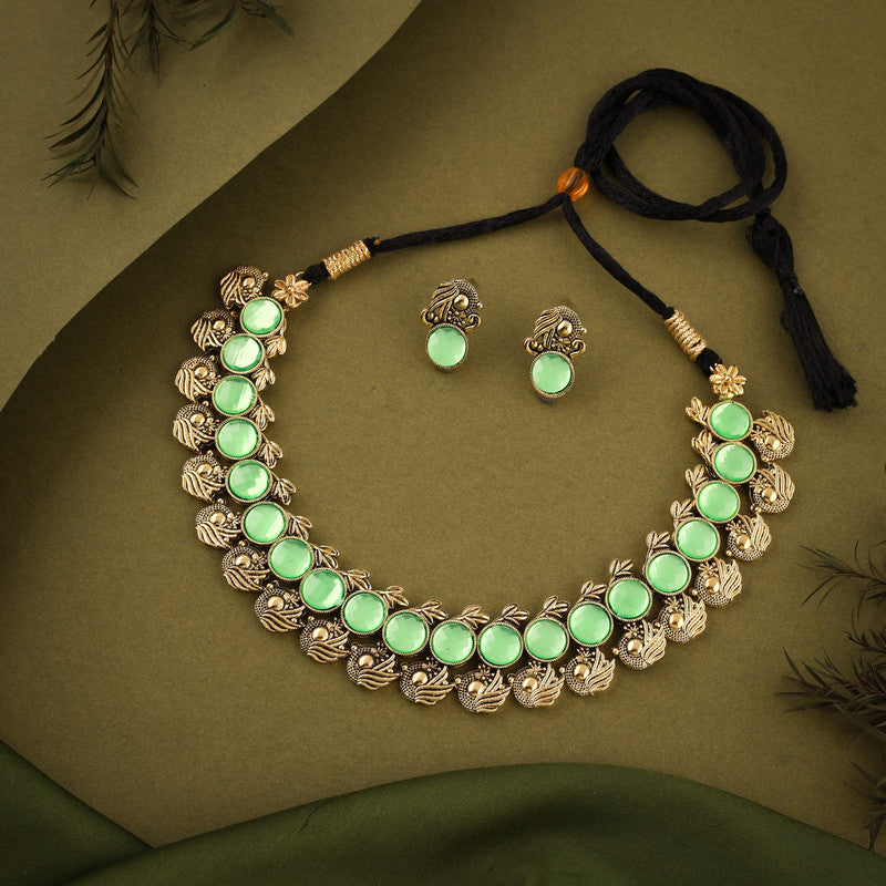 Tehzeeb Creations Sea Green Colour Gold-Polished Stone Jewellery Choker Necklace Set With Matching Pair of Stud Earrings - Distacart