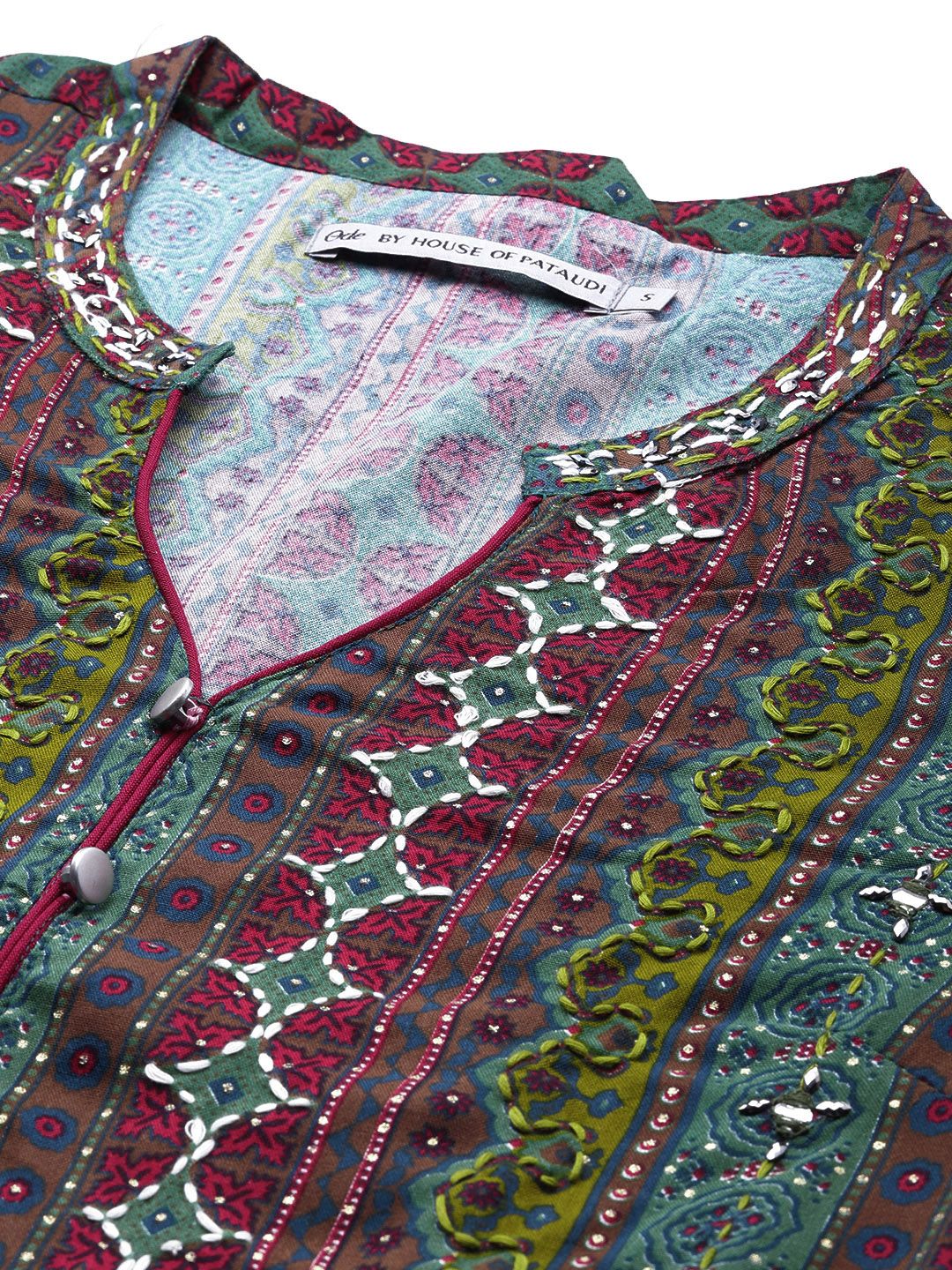 Ode by House of Pataudi Embroidered Thread Work & Mirror Work Indie Prints Kurta - Distacart