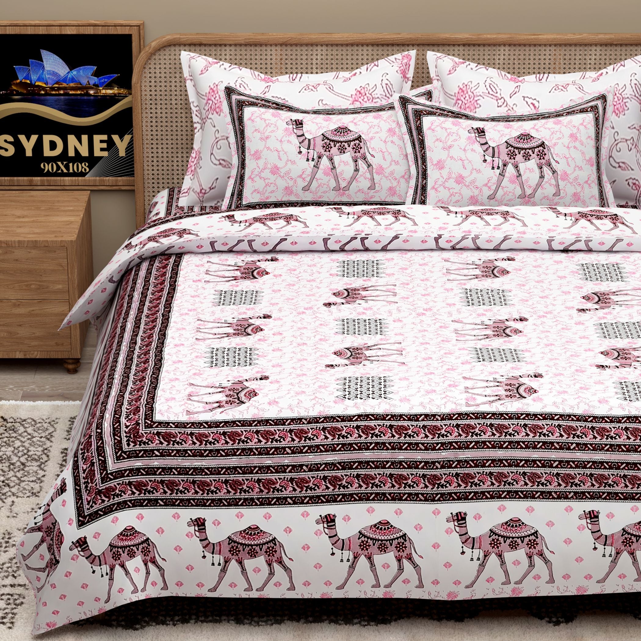 Pink Ethnic Motifs Cotton 200TC King Bedsheet With 2 Zipper Pillow Covers - King Size by House of Ree - Distacart